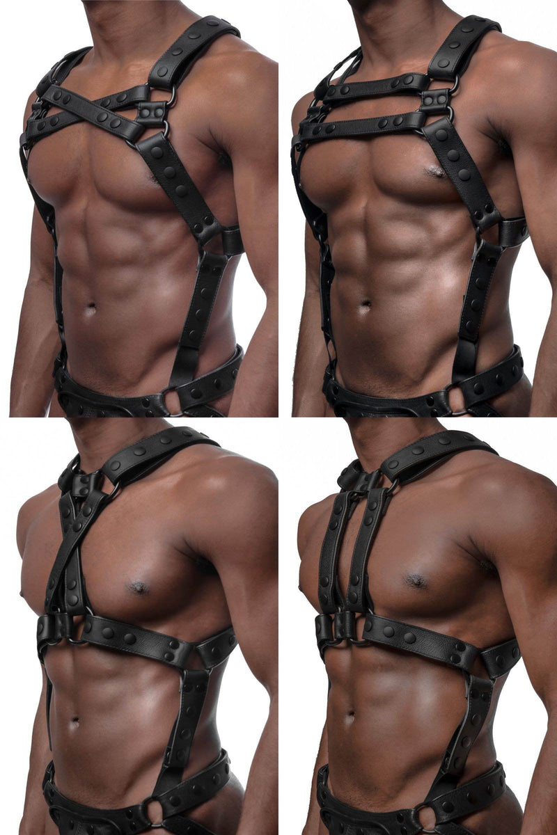 An ARMY OF MEN Full Universal X Kit - Black with matte black O-rings, worn by a Black model, styled four ways.