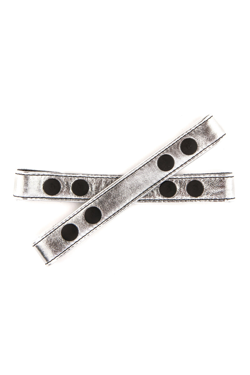 Metallic silver leather universal x front straps