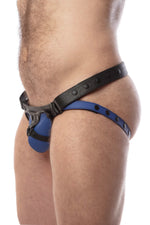 Side view of model wearing a black and blue leather jockstrap with harness detail on codpiece