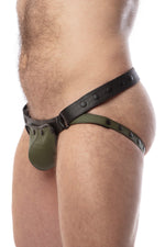 Front view of model wearing a black and army green leather jockstrap with matching coloured codpiece
