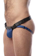 Side view of model wearing a black and blue leather jockstrap with matching coloured codpiece