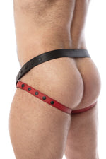 Back view of model wearing a black and red leather jockstrap