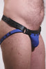 Video of a model wearing a black and blue leather jockstrap with matching coloured codpiece