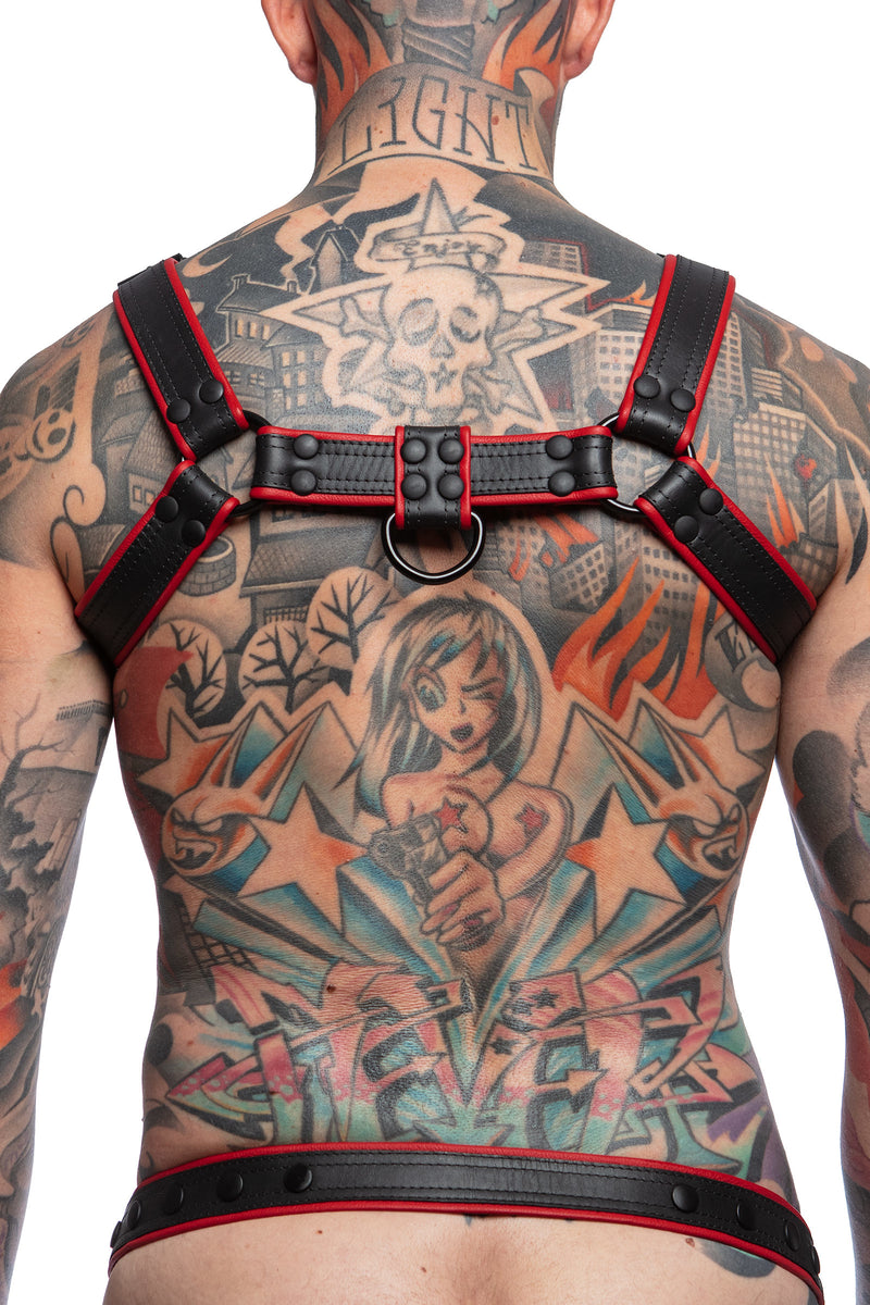 Model wearing black and red leather combat bulldog harness with matt black metal hardware. Back view.
