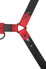 Full red leather bulldog harness with black hardware. Lining.