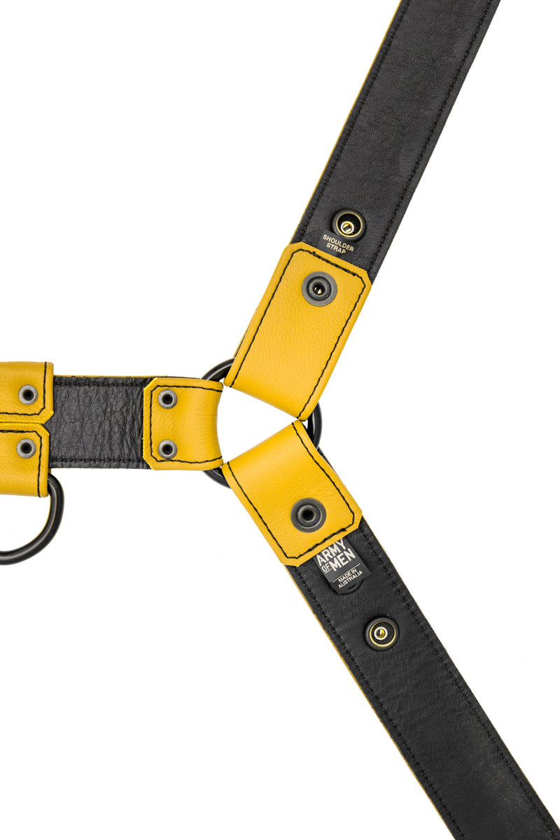 Full yellow leather bulldog harness with black hardware. Lining.