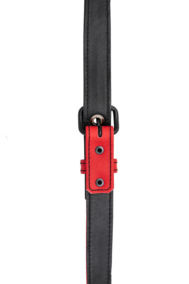 Red leather shoulder buckle harness lining front