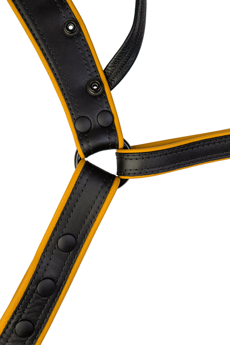 A black and yellow combat leather jockstrap. Front view.