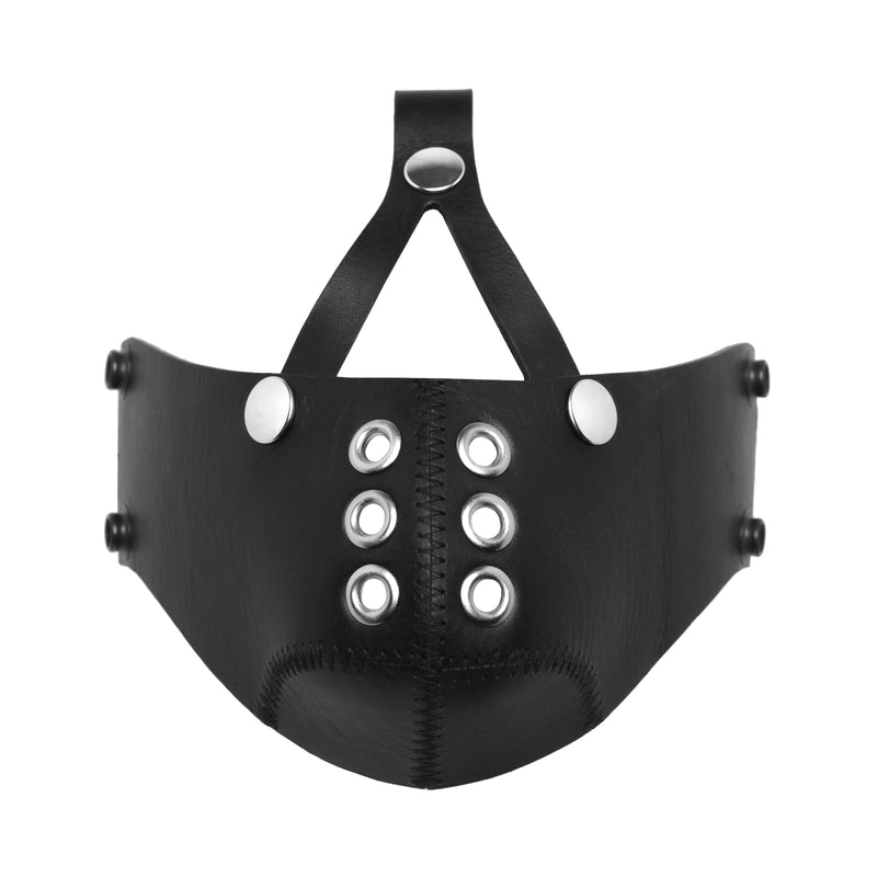 Black leather muzzle accessory attachment with stainless steel metal fittings