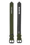 Two views of the CLASSIC ARMBELT - Army Green showing matte black hardware and black leather lining.