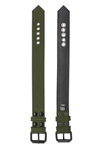 Two views of the CLASSIC ARMBELT - Army Green showing matte black hardware and black leather lining.