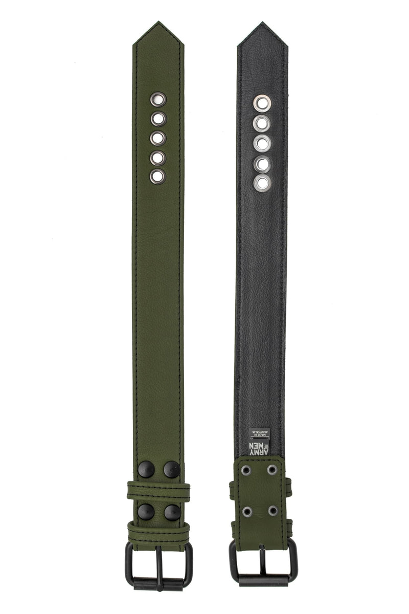 Two views of the CLASSIC ARMBELT - Army Green showing matte black hardware and black leather lining.