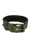A CLASSIC ARMBELT - Army Green with matte black hardware standing in a ring shape.