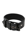 A black leather armband belt with matte black components, coiled into a loop.