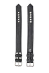 Displayed front and back of a 1.5" wide black leather armbelt with stainless steel hardware.
