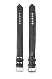 Displayed front and back of a 1.5" wide black leather armbelt with stainless steel hardware.