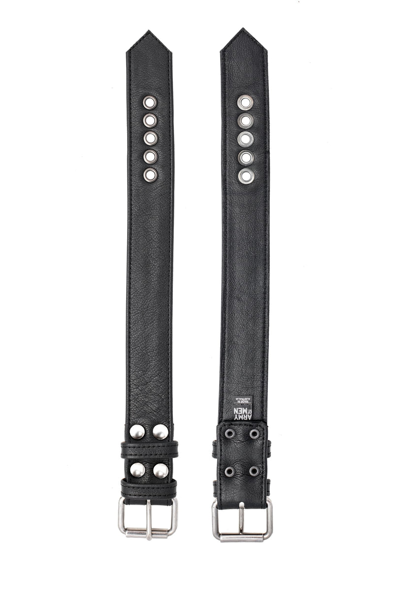 Displayed front and back of a 1.5" wide black leather armbelt with stainless steel hardware.