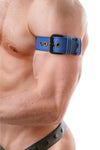 A 1.5" wide blue leather armbelt with a matte black buckle captured side-on in a close-up.