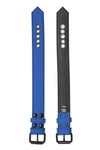 Two 1.5" wide blue leather armband are laid out to reveal both the front and back details.
