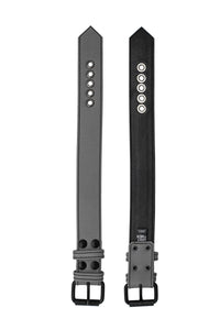A 1.5" wide CLASSIC ARMBELT - Grey with matte black hardware positioned flat, front and lining views.