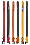 Yellow, orange and red 1" wide armbelts showing the front and black leather lining.