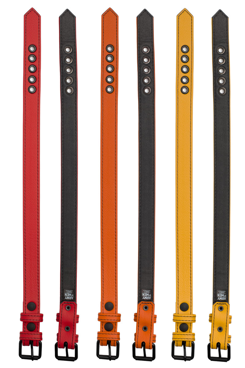 Yellow, orange and red 1" wide armbelts showing the front and black leather lining.