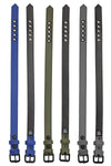 Blue, army green and grey 1" wide armbelts showing the front and black leather lining.