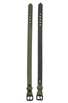 Flat-laid, two 1" wide ARMY OF MEN CLASSIC ARMBELT NARROW - Army Green with matte black hardware showing both sides.