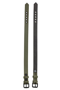 Flat-laid, two 1" wide ARMY OF MEN CLASSIC ARMBELT NARROW - Army Green with matte black hardware showing both sides.