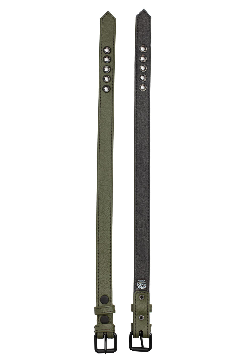 Flat-laid, two 1" wide ARMY OF MEN CLASSIC ARMBELT NARROW - Army Green with matte black hardware showing both sides.