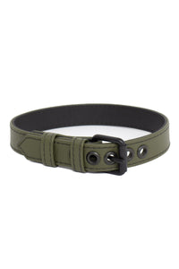 Curled presentation of a 1" wide army green leather armband belt with matte black details.