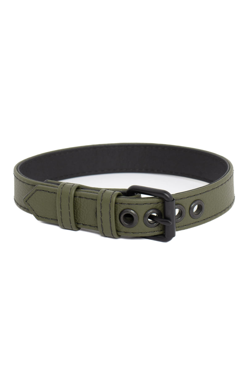 Curled presentation of a 1" wide army green leather armband belt with matte black details.