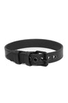 A curled black leather buckled armband with matte black components.