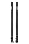 Side-by-side display showing both sides of a 1" wide black leather armband belt with stainless steel hardware.
