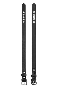 Side-by-side display showing both sides of a 1" wide black leather armband belt with stainless steel hardware.