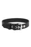 A black leather armband with stainless steel components, coiled into a loop.