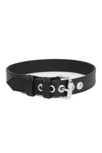 A black leather armband with stainless steel components, coiled into a loop.