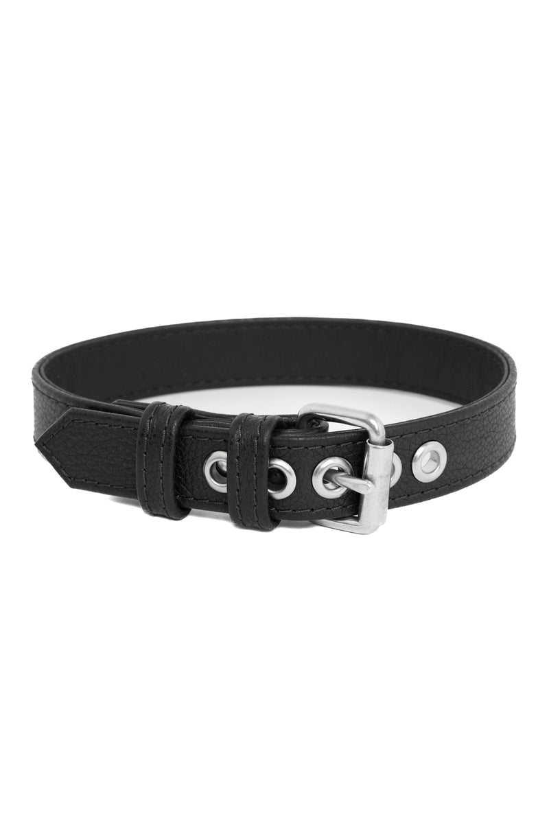 A black leather armband with stainless steel components, coiled into a loop.