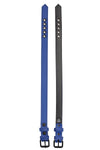 A 1" wide blue leather armbelt with matte black hardware, displayed flat and revealing both the outer leather and lining.