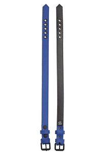 A 1" wide blue leather armbelt with matte black hardware, displayed flat and revealing both the outer leather and lining.