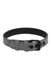 A grey leather buckled armband finished with matte black components, formed into a loop.