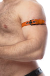 Zoomed shot of a male model from the side, dressed in a 1" wide CLASSIC ARMBELT NARROW - Orange with a matte black buckle.