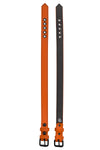 A 1" wide orange leather armband belt with a matte black buckle, displayed flat and showing both outer leather and lining.