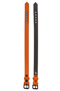 A 1" wide orange leather armband belt with a matte black buckle, displayed flat and showing both outer leather and lining.