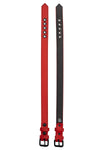 Displayed flat, two 1" wide ARMY OF MEN CLASSIC ARMBELT NARROW - Red with matte black buckles showing both front and back.