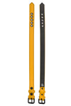 A 1" wide CLASSIC ARMBELT NARROW - Yellow with matte black buckle, displayed flat and showing both outer leather and lining.