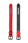 Two red leather armband belts with matte black components laid flat, showing outer leather and inner lining.
