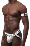 A white leather buckled armband with matte black hardware on a Black model, captured from the side.