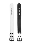 Two 1.5" wide white leather armband belts are laid out to reveal both the front and back details.