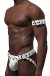 A CLASSIC ARMBELT - White & Stainless Steel featuring stainless steel hardware styled on a model facing off-camera.